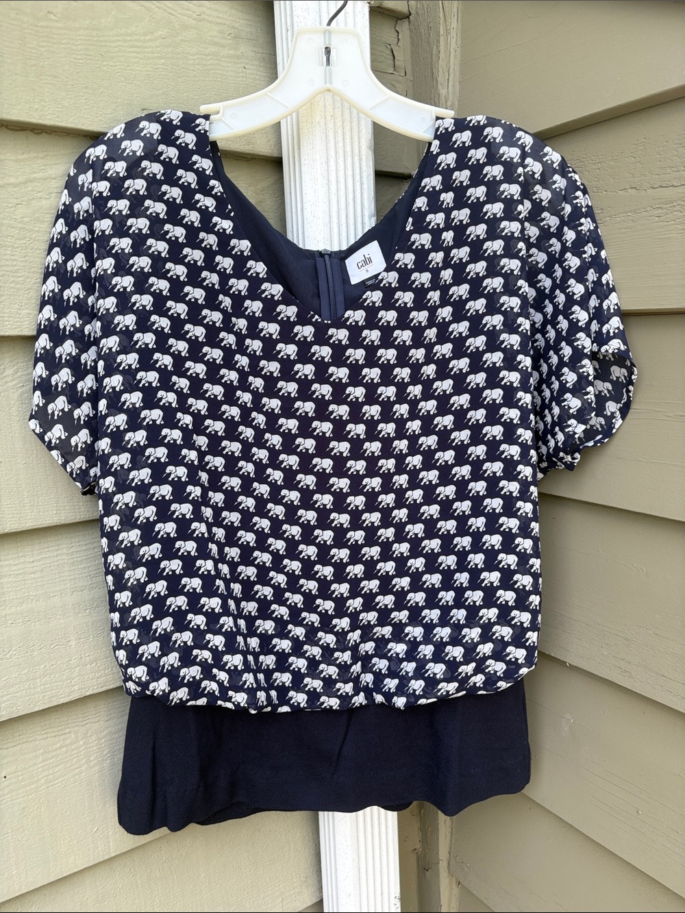 CAbi-  Semi sheer navy elephant-print overlay top with navy knit tank top. Sz S